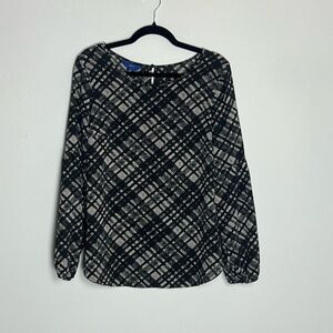 Apt. 9 Black and Cream Plaid Long-Sleeve Blouse